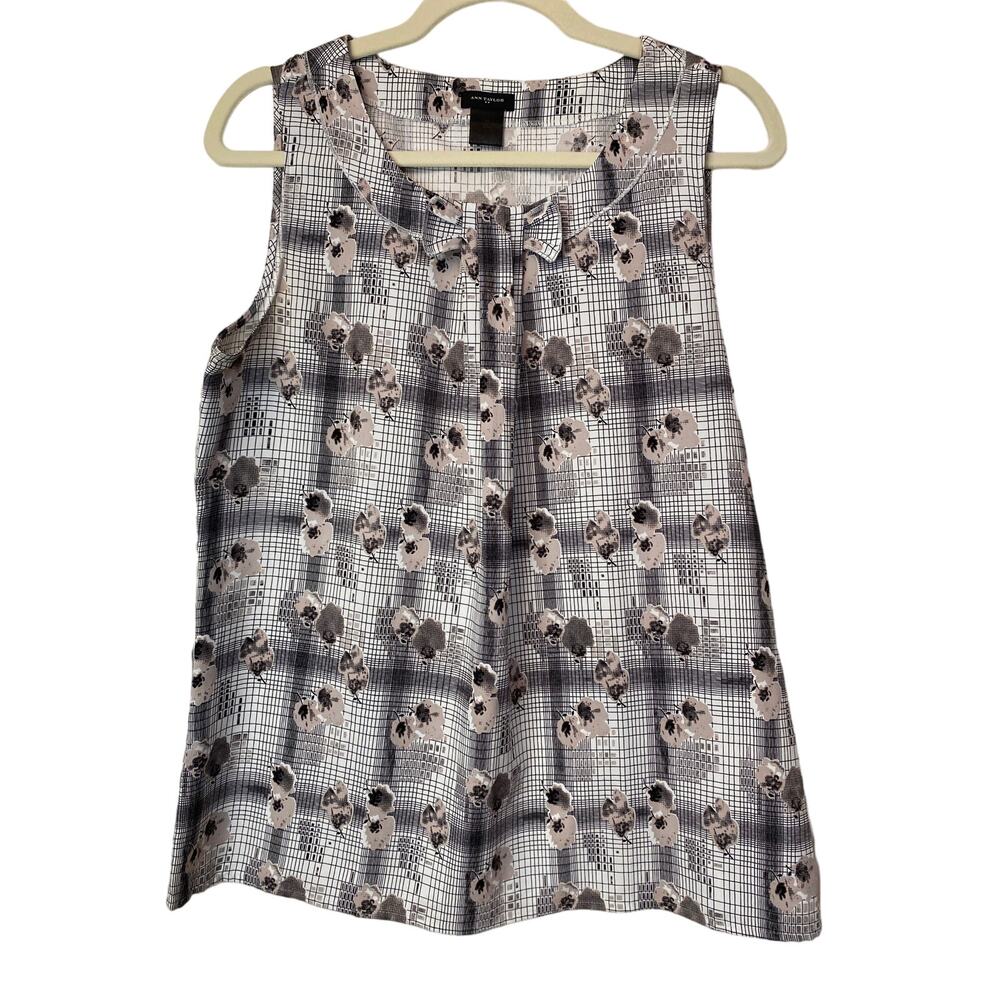 Women's ANN TAYLOR Tank Top Sleeveless Medium Bow Accent Plaid Gray Pink Floral